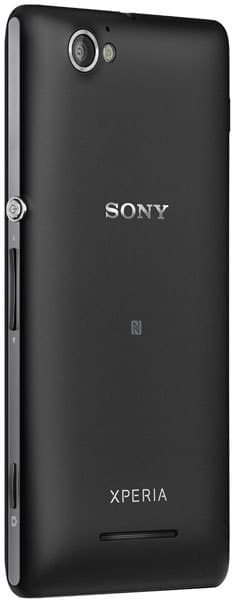 Sony Xperia M rear view, black phone with camera lens, Sony and Xperia branding visible