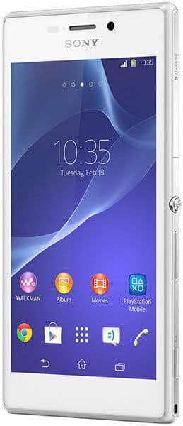 Sony Xperia M2 front view, white smartphone displaying home screen with apps and 10:35 time display