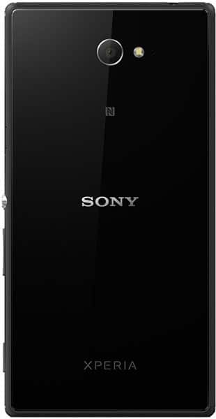 Sony Xperia M2 rear view, black with camera and flash visible at top