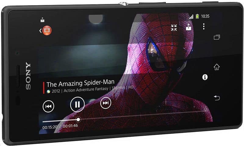 Sony Xperia M2 smartphone displaying video player with Spider-Man movie, front view showing screen and left side bezel