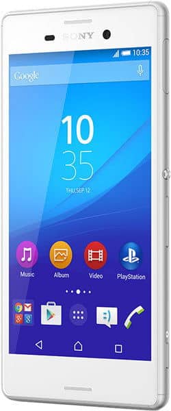 Sony Xperia M4 Aqua front view, white smartphone displaying home screen with app icons and blue gradient wallpaper