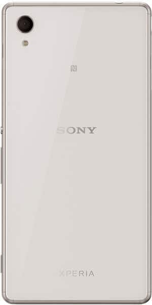 Sony Xperia M4 Aqua rear view, white, showing camera lens and Sony branding on back
