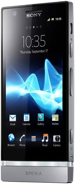 Sony Xperia P in black, front angled view, home screen on with app icons, blue wallpaper, 10:35 time and Sep 17 date visible.