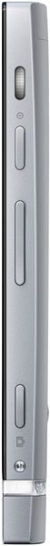 Side view of silver Sony Xperia P highlighting power, volume, mute buttons, and SIM card tray on the edge for comparison.