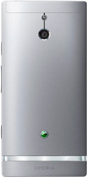 Rear view of silver Sony Xperia P showing rear camera, flash, left-side buttons, and Sony Ericsson logo near the bottom.