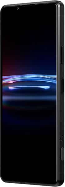 Sony Xperia Pro-I in black, front-side view; screen shows blue/red light streaks, right edge buttons visible.