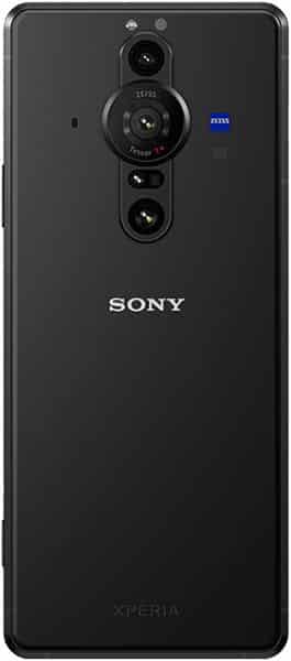 Rear view of black Sony Xperia Pro-I showing vertical triple cameras with ZEISS branding, LED flash, and centered Sony logo.