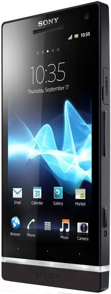 Front view of black Sony Xperia S showing home screen; right side reveals power button and HDMI port.