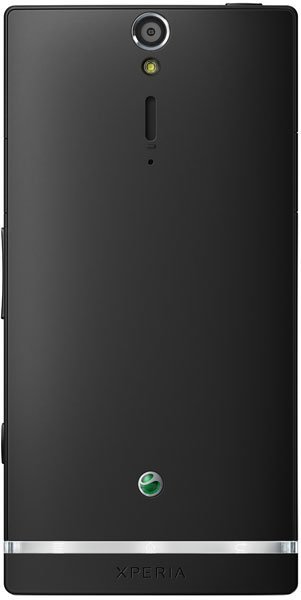 Rear view of black Sony Xperia S featuring single rear camera with flash, mic hole, Xperia branding, and Sony Ericsson logo at bottom.