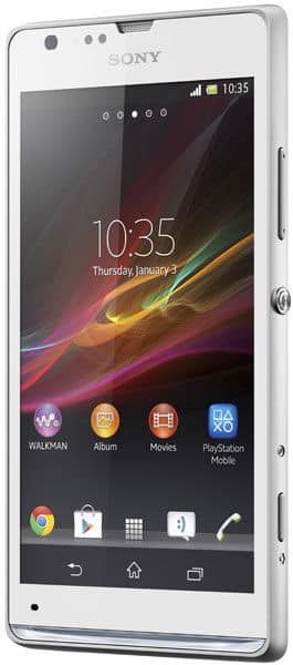 Sony Xperia SP front view, white smartphone with colorful abstract wallpaper on screen displaying time 10:35 and app icons