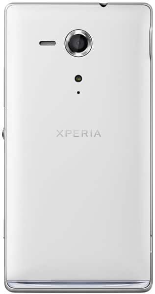 Sony Xperia SP rear view, white phone with camera lens and Xperia branding visible on back