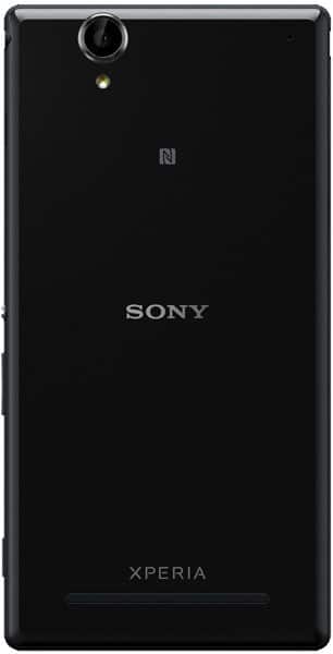 Sony Xperia T2 Ultra rear view, black phone with camera lens and Sony and Xperia branding visible