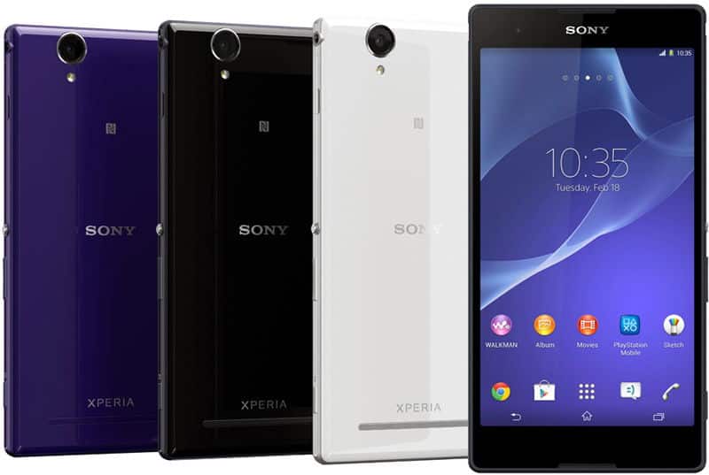 Sony Xperia T2 Ultra rear and front views in purple, black, and white color options, displaying home screen with time and app icons