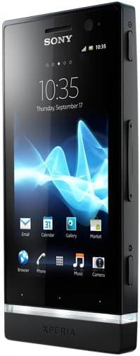 Front view of a black Sony Xperia U with display on, showing app icons, time 10:35, date September 17, and side buttons.