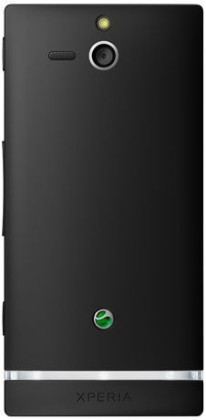 Rear view of black Sony Xperia U showing single rear camera, LED flash, and green Sony Ericsson logo at the bottom.