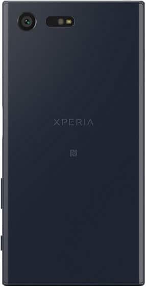 Sony Xperia X Compact rear view, dark blue phone with camera and flash at top, XPERIA branding visible