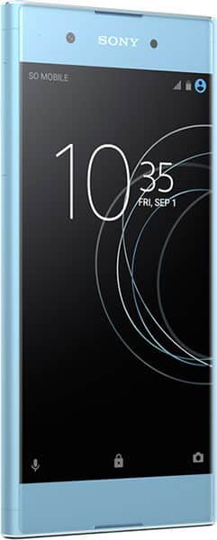 Sony Xperia XA1 Plus front view with light blue frame, displaying lock screen with time 10:35 and curved design elements