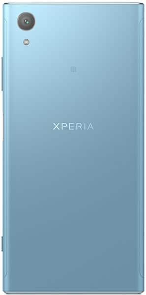 Sony Xperia XA1 Plus rear view, light blue back panel with camera and flash in upper left corner