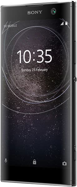 Sony Xperia XA2 front view with display showing time 10:35 and date Sunday, 25 February
