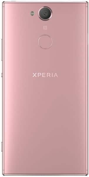 Sony Xperia XA2 rear view in pink, showing camera, fingerprint sensor, and branding