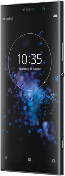 Sony Xperia XA2 Plus front view with black display showing time 10:35 and blue particle wallpaper