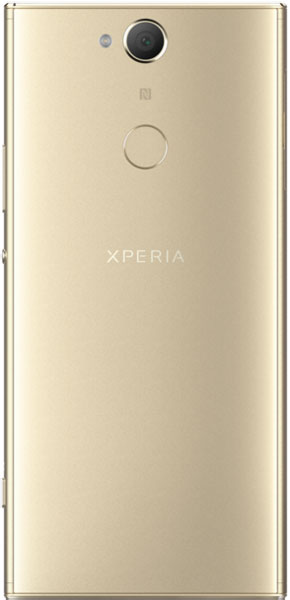 Sony Xperia XA2 Plus rear view, gold, showing camera lens and fingerprint sensor