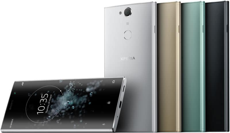 Sony Xperia XA2 Plus shown from rear and front views in white, gold, green, and black color options, displaying time and widgets on screen