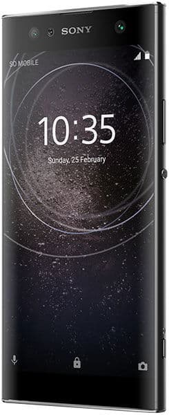 Sony Xperia XA2 Ultra front view with screen on, displaying time 10:35 and date Sunday, 25 February