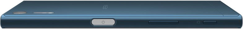 Sony Xperia XZ rear view, showing dark blue back panel with camera lens, speaker, and side buttons