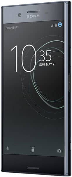 Sony Xperia XZ Premium front view with black screen displaying time 10:35 and date Sunday May 7