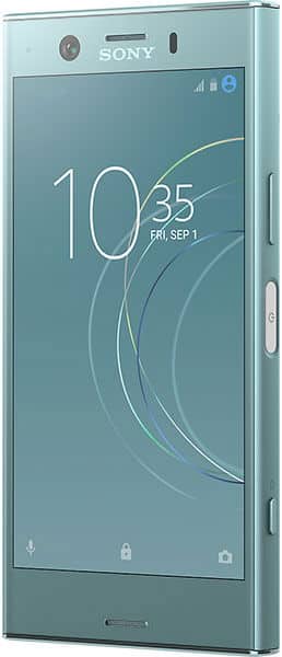 Front view of teal Sony Xperia XZ1 Compact showing lock screen (10:35, Sep 1), front camera, side buttons, and circular pattern.