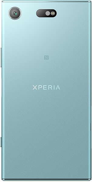 Rear view of teal Sony Xperia XZ1 Compact showing single camera, flash, NFC logo, and centered Xperia branding.