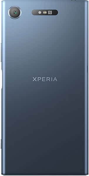 Sony Xperia XZ1 rear view, showing blue-gray back with camera and NFC logo at top, XPERIA branding centered