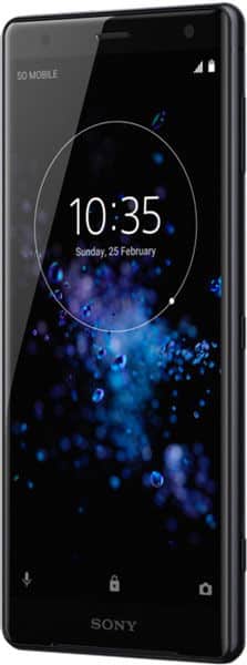 Sony Xperia XZ2 front view with black screen displaying time 10:35, date, and blue glowing particle wallpaper design