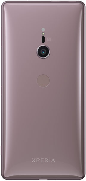 Sony Xperia XZ2 rear view, mauve colored phone with camera and fingerprint sensor visible