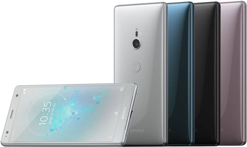 Sony Xperia XZ2 rear and front views in silver, blue, black, and pink color options displayed together