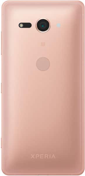 Rear view of pink Sony Xperia XZ2 Compact showing single rear camera, flash, fingerprint sensor, and Xperia branding at bottom.