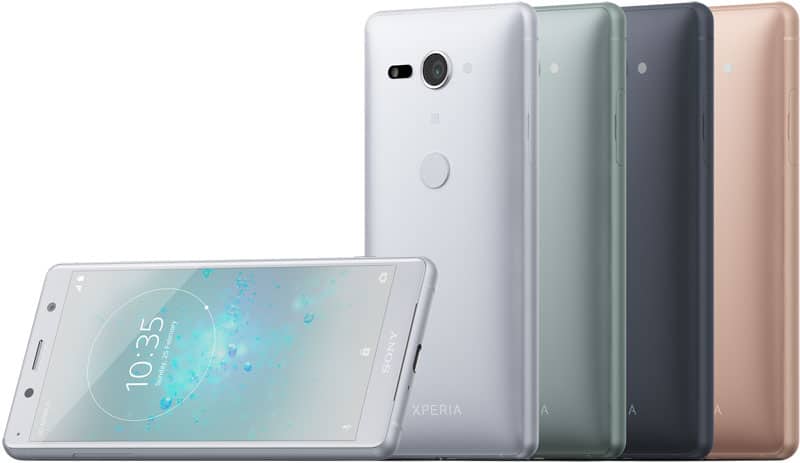 Sony Xperia XZ2 Compact in silver, black, green, and gold; front view shows home screen, rear views highlight camera and sensor.