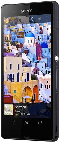 Sony Xperia Z front view, displaying colorful photos of Mediterranean architecture on screen