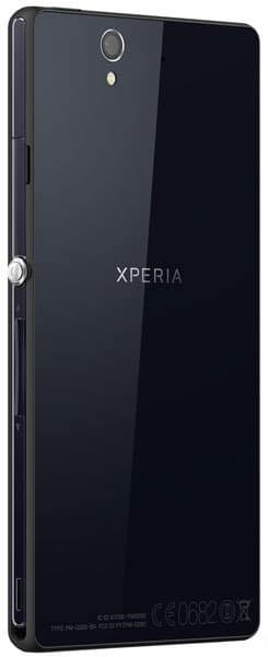 Sony Xperia Z rear view, black phone with camera lens and Xperia branding visible on back