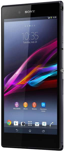 Sony Xperia Z Ultra front view displaying colorful abstract wallpaper on screen with app icons at bottom