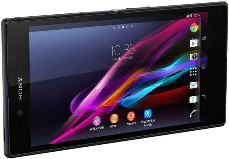 Sony Xperia Z Ultra front view displaying home screen with colorful abstract wallpaper, time 10:35, and app icons
