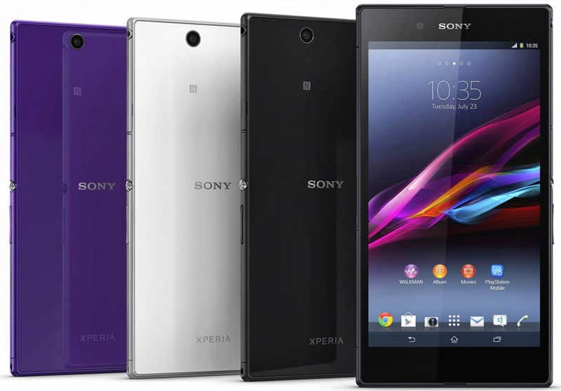 Sony Xperia Z Ultra shown in four color variants—purple, white, black, and black with display on—rear and front views