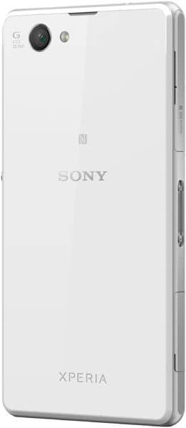 Rear angled view of white Sony Xperia Z1 Compact showing camera, flash, Xperia logo, glossy back, and metallic edges.