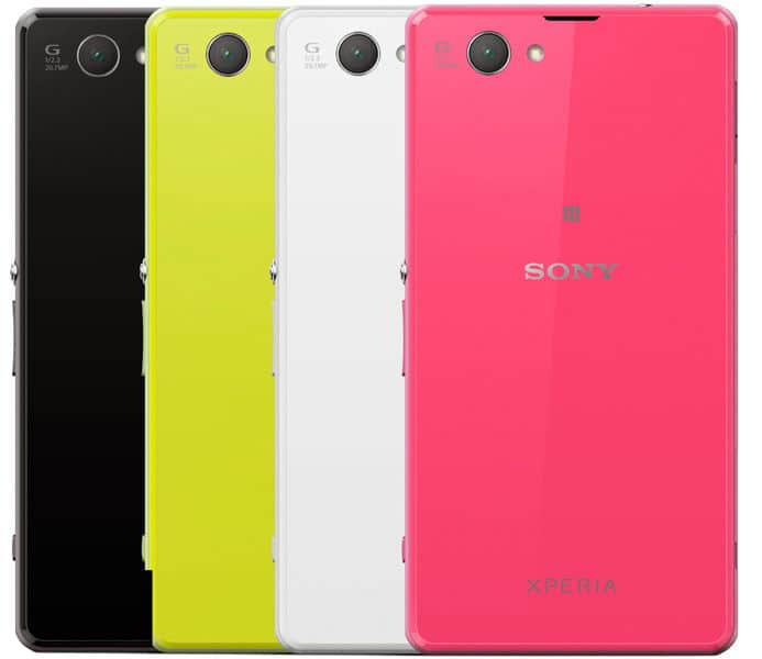 Rear view of four Sony Xperia Z1 Compacts in black, yellow, white, and pink, showing cameras and Sony logos.
