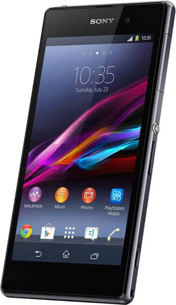 Sony Xperia Z1 smartphone shown from the front, displaying home screen with colorful wallpaper and app icons