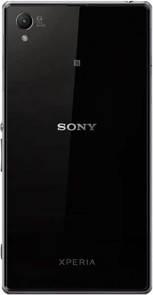 Sony Xperia Z1 rear view, black glass back with camera lens and Sony branding visible