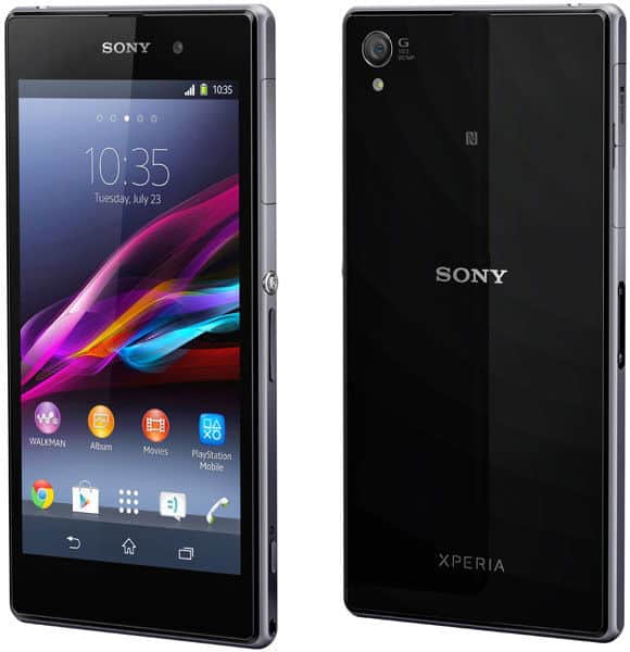 Sony Xperia Z1 front and rear views showing black display with colorful wallpaper and camera lens