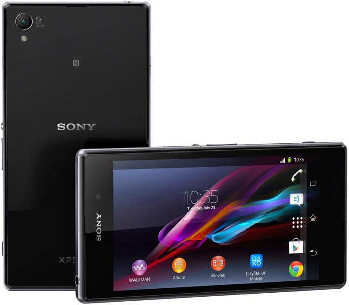 Sony Xperia Z1 rear and front views showing black device with camera, Sony branding, and colorful app-filled display screen