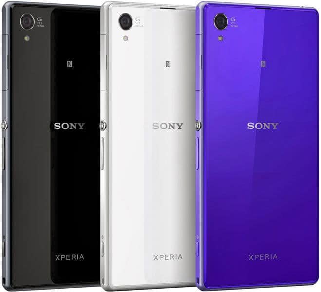 Sony Xperia Z1 rear view in black, white, and purple color variants shown side by side